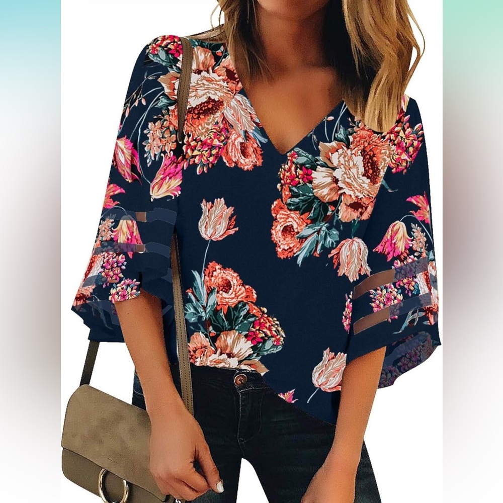 LookbookStore Women's V Neck Shirt Printed Top 3/4 Bell Sleeve Mesh Panel Blouse
